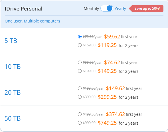 IDrive Personal prices and storage quotas